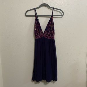 Navy Embroidered Low Cut Dress